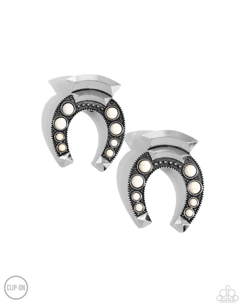 Harmonious Horseshoe - White Clip On Earrings